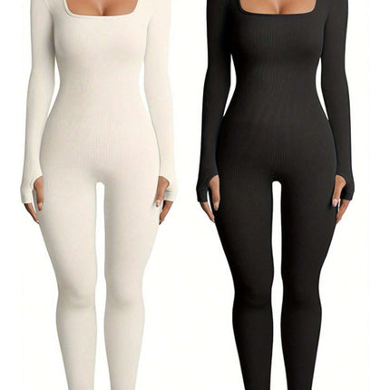 Women's Yoga Sports Fitness Jumpsuit Workout Long Sleeve Square Collar Clothing