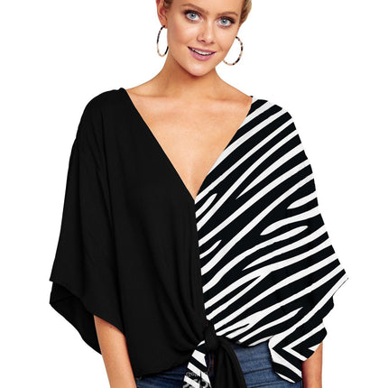 New V Neck Blouse Women Leopard Print Shirts Floral Tie Front Blouses Batwing Summer Oversize Ladies Tops