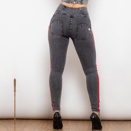 Shascullfites Melody High Waist Dark Thread Grey Jeans With Stripe Jeans Bum Lift Pants Shaping Jeggings Women Pants