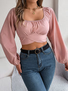 Women's Casual Lantern Sleeve Tie Waist Chiffon Crop Top