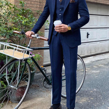 Autumn Winter Retro Herringbone Wool Slim Fit Men's Suits