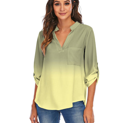 Print Gradient Blouses Women V-Neck Pockets Loose Shirts