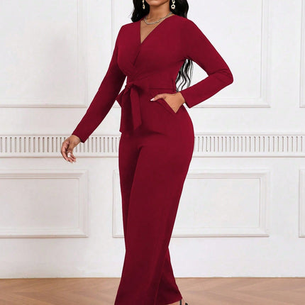 Simple And Stylish, Elegant Commuting Jumpsuit, Long Sleeve Straight Jumpsuit, V-neck, Cross Pleated, Tie-up Casual Jumpsuit, For Everyday Wear.