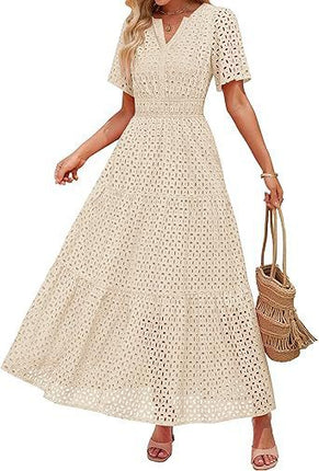 V-neck Hollow Pleated Short Sleeves Long Dress