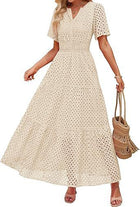 V-neck Hollow Pleated Short Sleeves Long Dress
