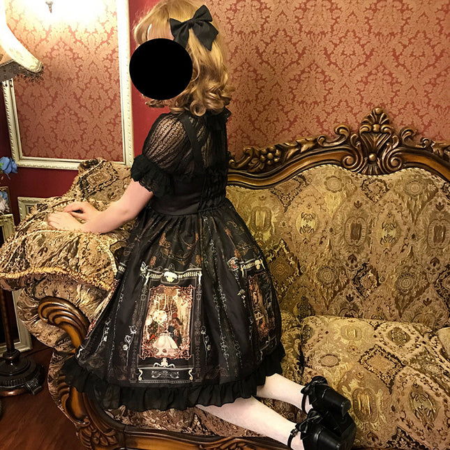 Gothic Lolita Dress Woman Vintage Kawaii Chiffon Palace Princess Party Wear Lantern Sleeve Printed Cute Cosplay Costumes