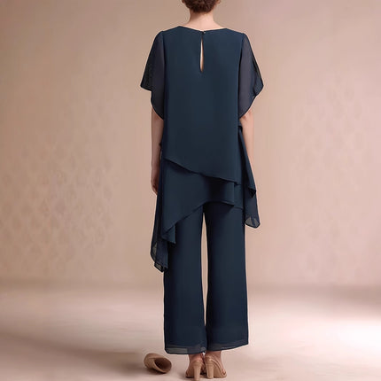 Women's Solid Color Asymmetrical Hem Round Neck Chiffon Top Paired With Straight Leg Pants Set