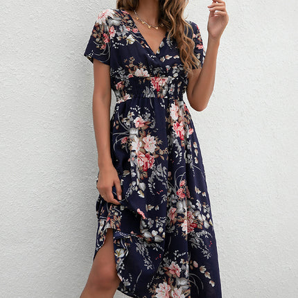 Summer Floral Print Short Sleeved V-neck Pullover High Waisted Dress A-line Skirt Mid Length Skirt