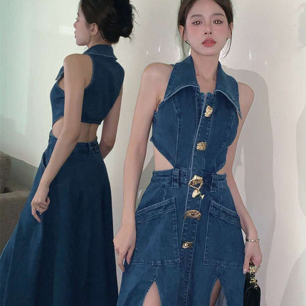 Women Spring Summer Sleeveless Dress Denim Outfits