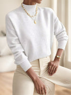 A Solid-color Long-sleeved Top With A High Neckline For Ladies