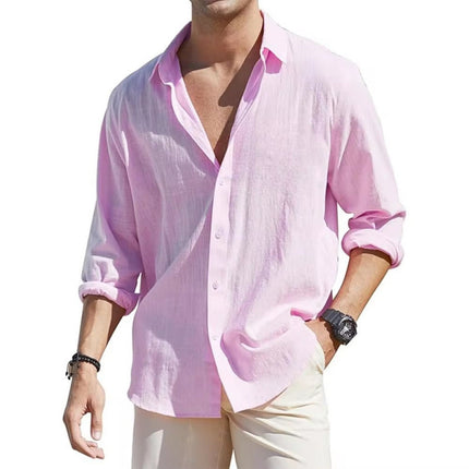 Men's Linen Cardigan Single Row Lapel Long Sleeve Shirt