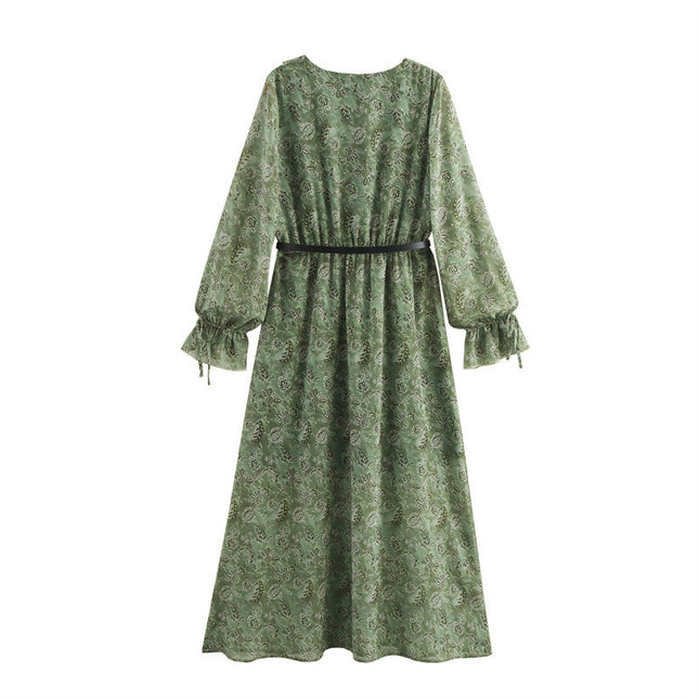 Vintage Floral Long Dress Printed Long Sleeve Laminated Decoration Printed Dress