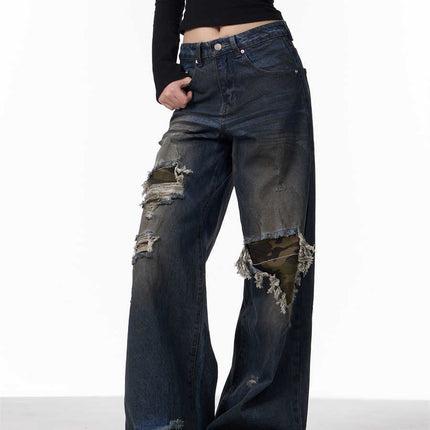 Distressed Camouflage Patch Ripped Jeans Women Loose Straight-leg Wide-leg Pants
