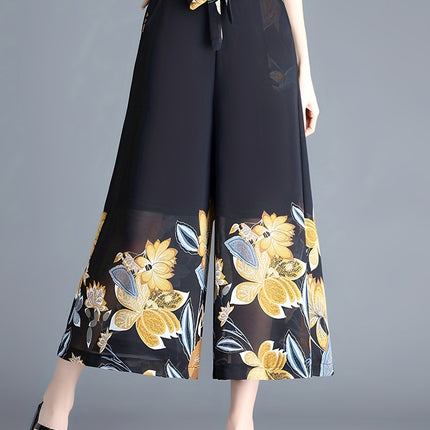 910-length Plus-size Figure-flattering Womens Flowy High-waisted Chiffon Wide-leg Pants