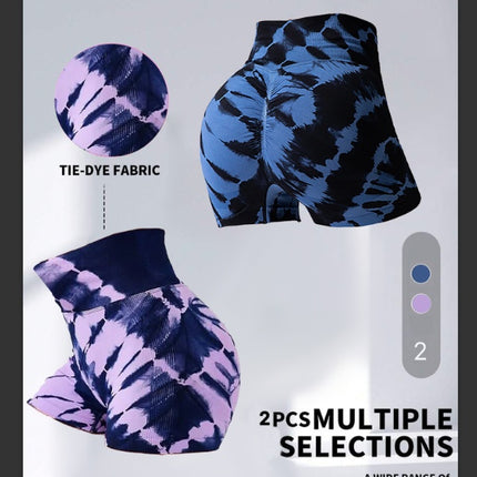 2 Pack Tie Dye High Waist Yoga Shorts, Athletic Tummy Control Workout Running Shorts, Stretchy Sportswear For Women