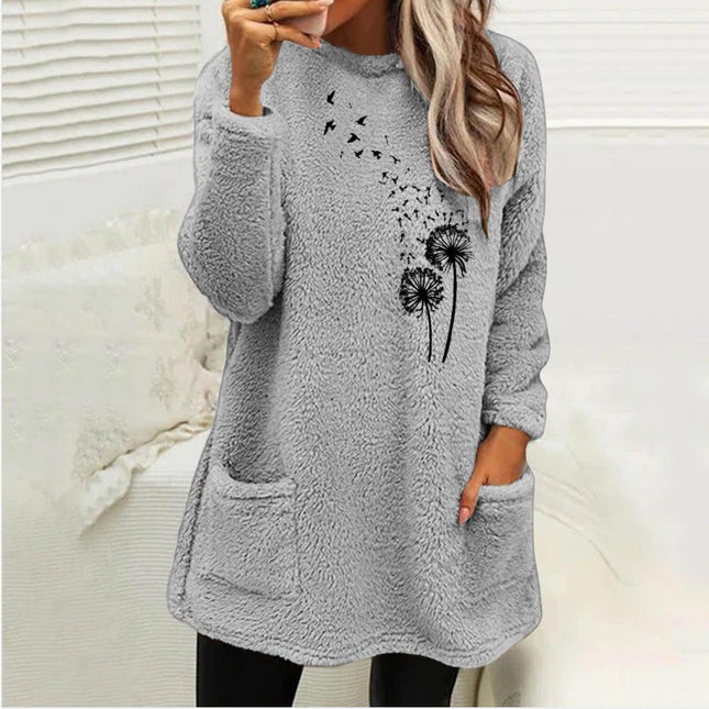 Women's Printed Round Neck Pullover Long Sleeve Pocket Double-sided Velvet Sweatshirt