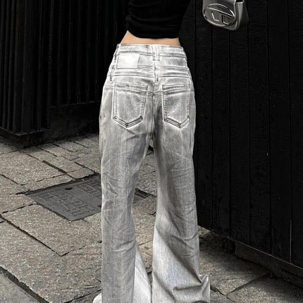 Women's Retro Straight Jeans With Old And Dirty Design