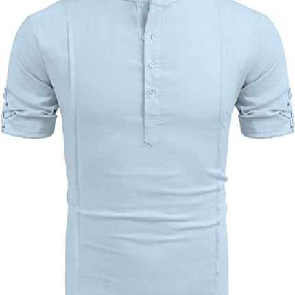 Henley Style Linen Shirt Men Casual Beach Shirt Short Sleeve T-Shirt Summer