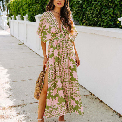 High Waist Batwing Sleeve V-neck Women's Printed Wear Dress