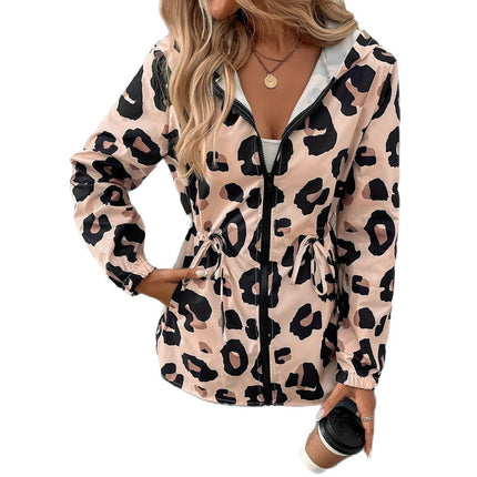 European And American Size Women's Casual Leopard Print Zipper Hooded Jacket Fashion Brand