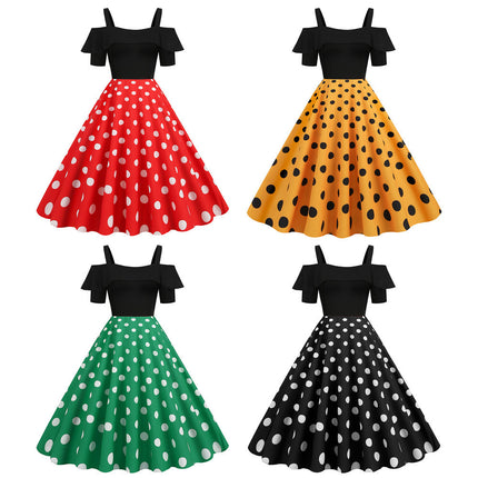 Lotus Leaf Edge Suspender Short Sleeved Black Polka Dot Big Swing Dress