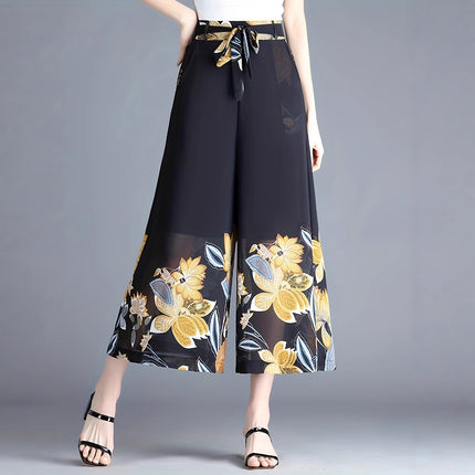 910-length Plus-size Figure-flattering Womens Flowy High-waisted Chiffon Wide-leg Pants