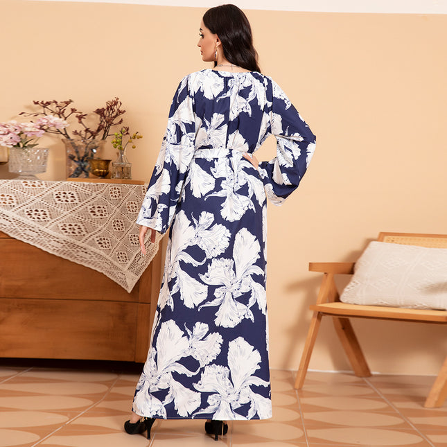 Elegant Style Round Neck Color Contrast Flowers Belt Flared Sleeve Long Dresses