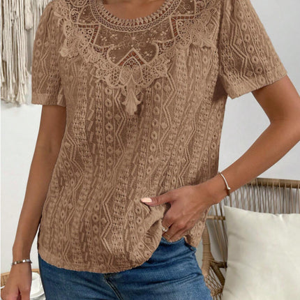 Lace Stitching Hollow Round Neck Solid Color Short Sleeve