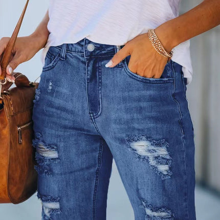 Summer Mid-waist Slim-fit Cropped Pants Ripped Tassel Jeans For Women