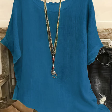 Women Fashion Casual Shirts Solid Color 3 4 Sleeve Round Neck Blouses Summer Loose Tops Streetwear