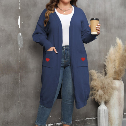 Women's Plus Size Mid-length Woven Love Double Pocket Lantern Sleeve Sweater Cardigan