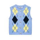 Preppy Style Round Neck Diamond Plaid Sleeveless Button Knitted Vest