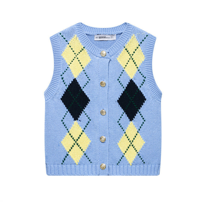 Preppy Style Round Neck Diamond Plaid Sleeveless Button Knitted Vest