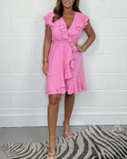 V-neck Waist-controlled Skirt Ruffled Solid Color Dress Women