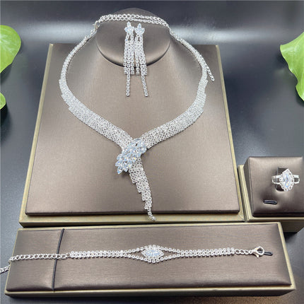 Fashion Luxury Rhinestone Earrings Necklace Ring Bracelet Four Piece Chain