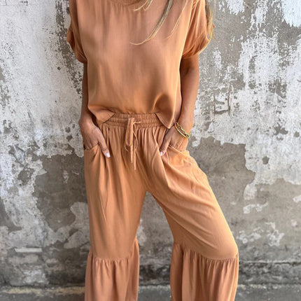 Short-sleeved Suit Summer Round Neck Pullover Top And Drawstring Wide-leg Pants Fashion Set For Women Clothing