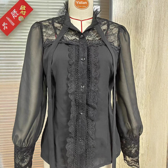 French-style Light Luxury Semi-sheer Loose-fit Sun-protective Lace-panel Tie-front Blouse