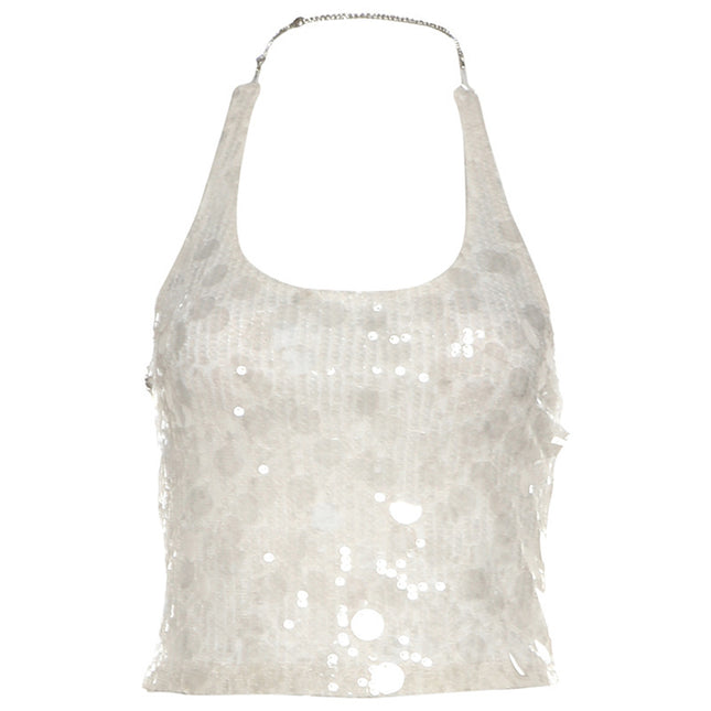 Solid Color Sleeveless Halter Sequins Cropped Tank Top Women