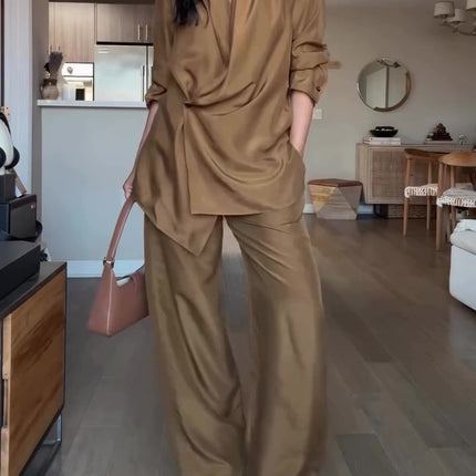 Wrap-style Satin Blouse And Wide-leg Pants Set