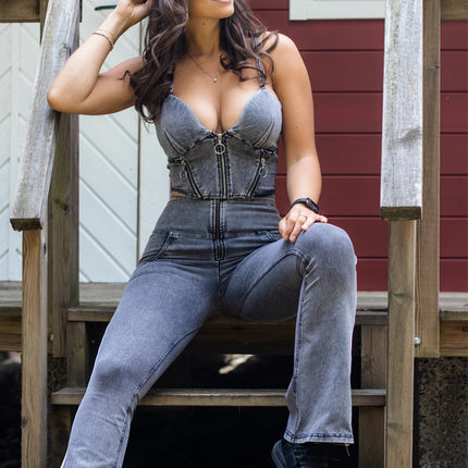 Shascullfites Melody Womens 2 Piece Outfit Set Gray Denim Flare Jeans And Zipper Crop Top Suit Women Pants Sets