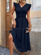 Elegant Solid Color And V-neck Stitching Lace Dress