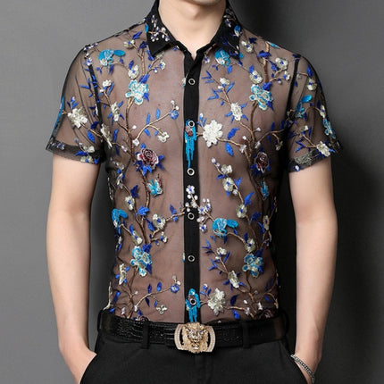 Short Sleeve Hollow Men's Shirt Flocking Embroidered Shirt
