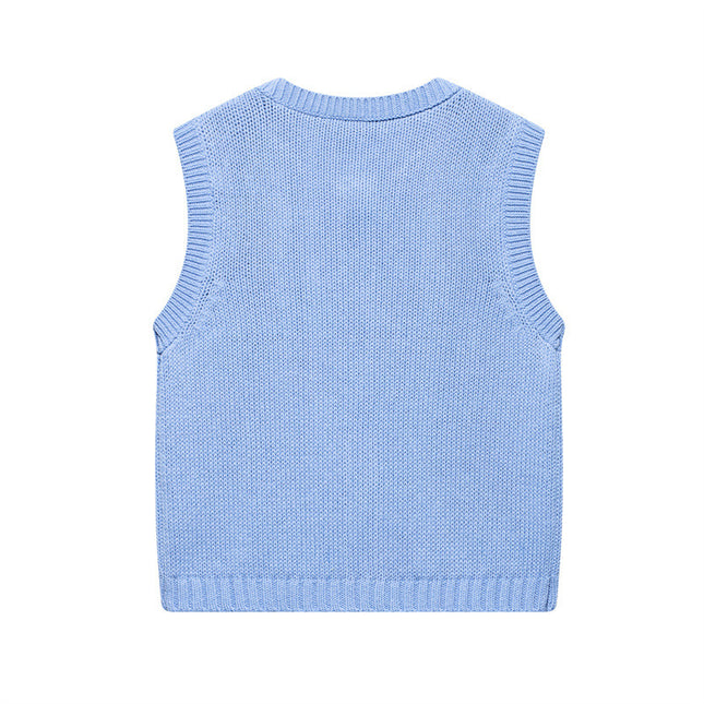 Preppy Style Round Neck Diamond Plaid Sleeveless Button Knitted Vest