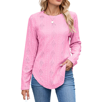 European And American Leisure Round Neck Long Sleeve Curved Hem T-shirt