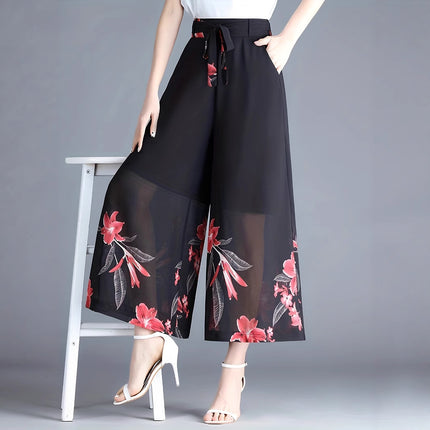 910-length Plus-size Figure-flattering Womens Flowy High-waisted Chiffon Wide-leg Pants