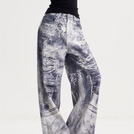 American Style Retro Washed Distressed Printed Gradient Jeans Women's Loose Straight