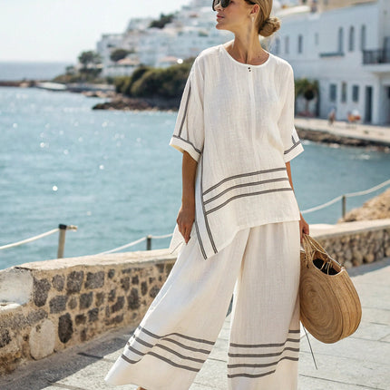 Summer Striped Suits Loose Batwing Sleeve T-shirt And Solid Straight-leg Pants