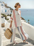Summer Striped Suits Loose Batwing Sleeve T-shirt And Solid Straight-leg Pants