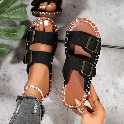 Women's Round Head Soft Bottom Double Buckle One-word Outer Wear Beach Slippers
