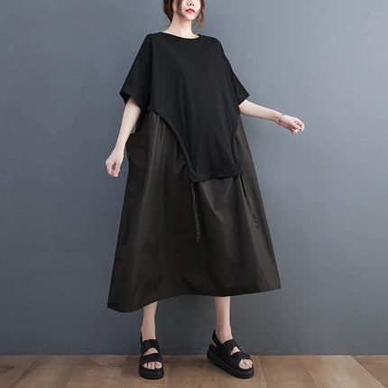 Loose Round Neck T-shirt Stitching Drawstring Large Pocket Mid-length Dress